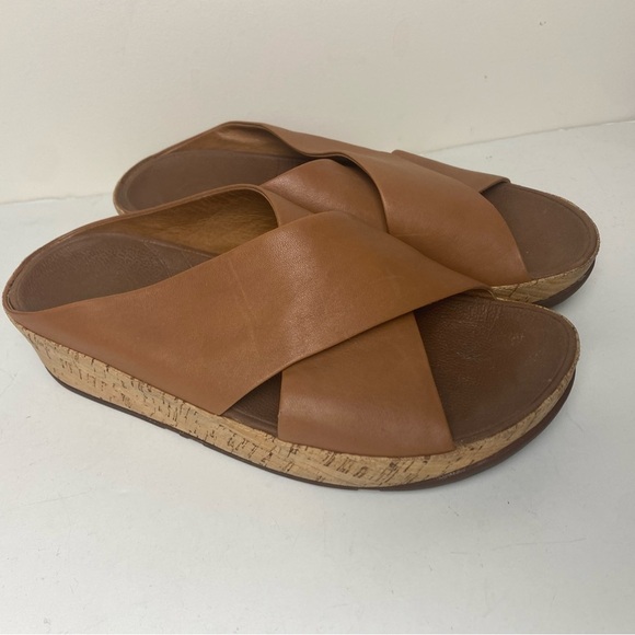 Fitflop Shoes - FitFlop Kys Leather Criss Cross Cork Wedge Slide Sandal 7 Tan